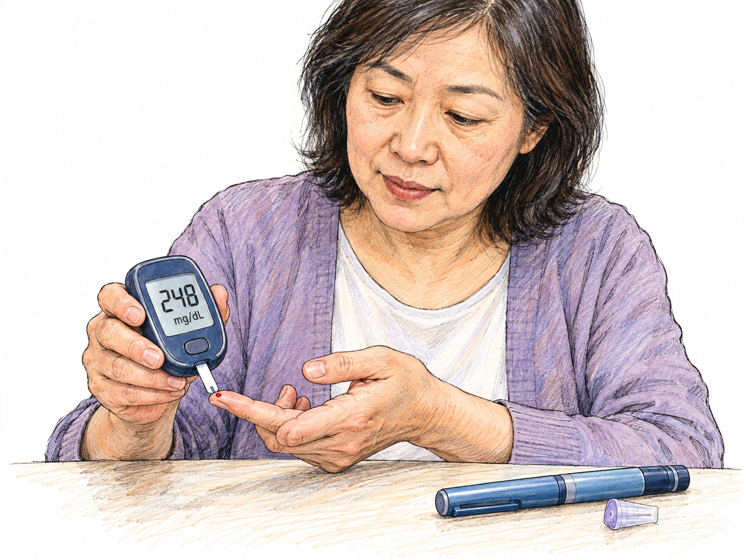 A woman checks her blood glucose with a finger-stick meter displaying a high reading; an insulin pen and its capped spare needle sit nearby, making diabetes management recognizable rather than showing a generic blood test.