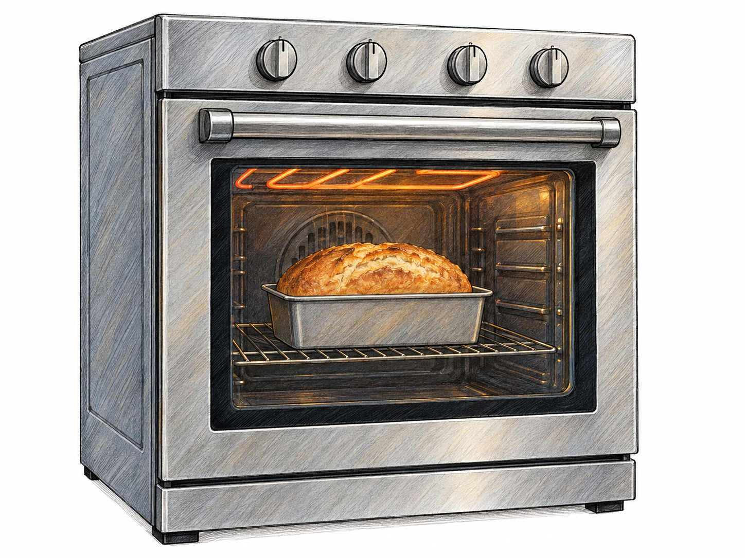 A modern oven with its door closed, showing a loaf of bread baking on a rack through the large glass window.
