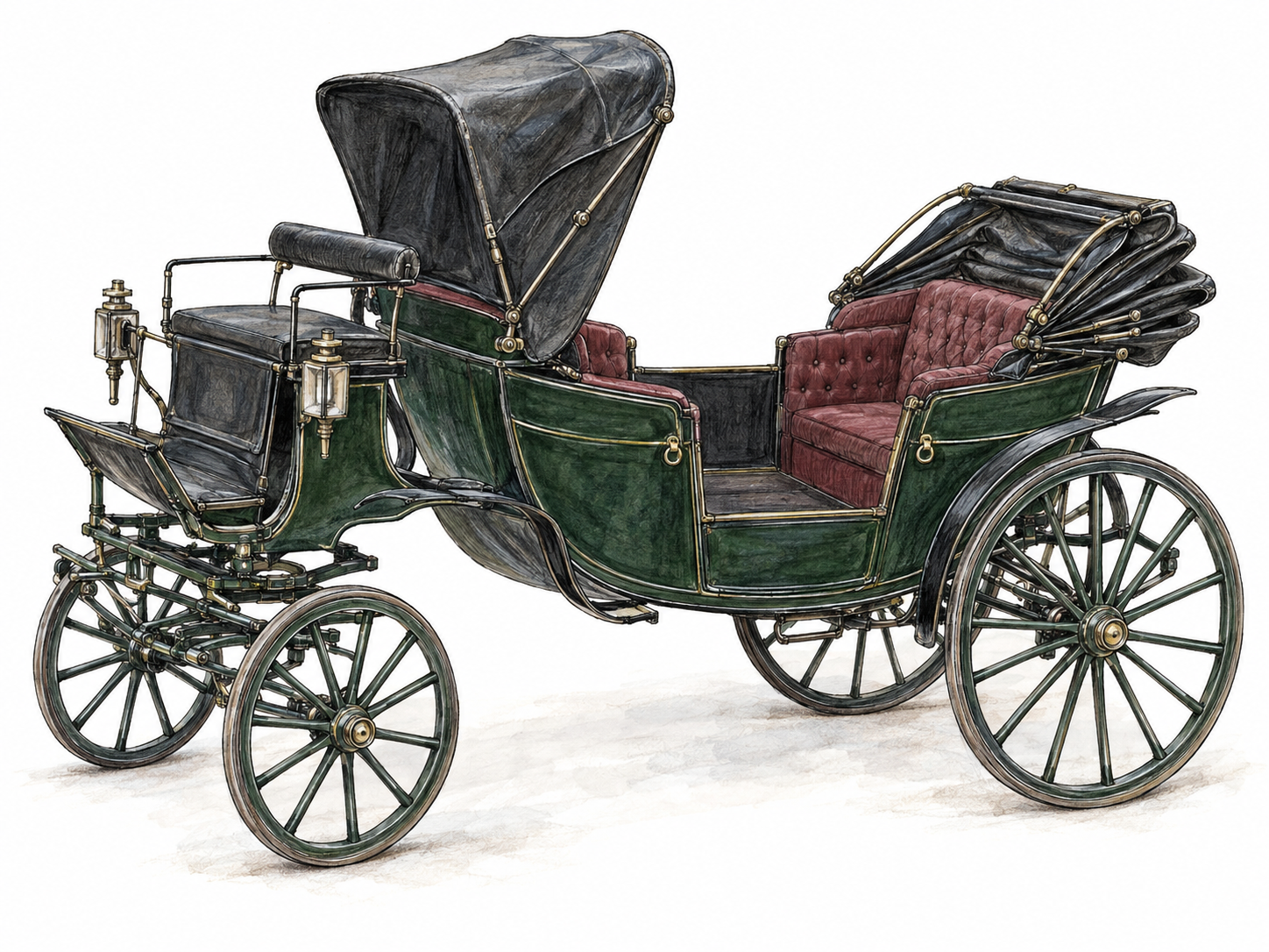 An isolated historic landau carriage viewed from a slightly elevated three-quarter angle, showing its four wheels, facing passenger benches, and characteristic two-part folding leather roof, with one half raised and the other folded.