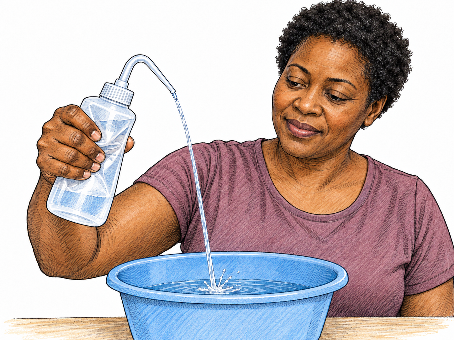 A woman visibly compresses a flexible wash bottle, forcing a narrow, continuous jet of water from its small nozzle into a nearby basin.