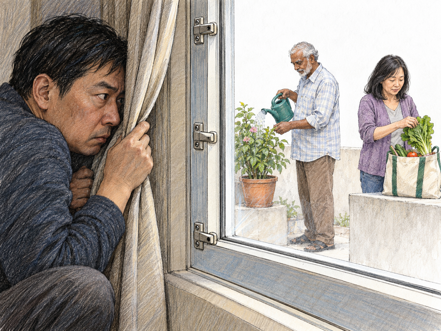 A resident fearfully watches two harmless neighbors through a slit in his curtains, surrounded by conspicuously excessive window security.