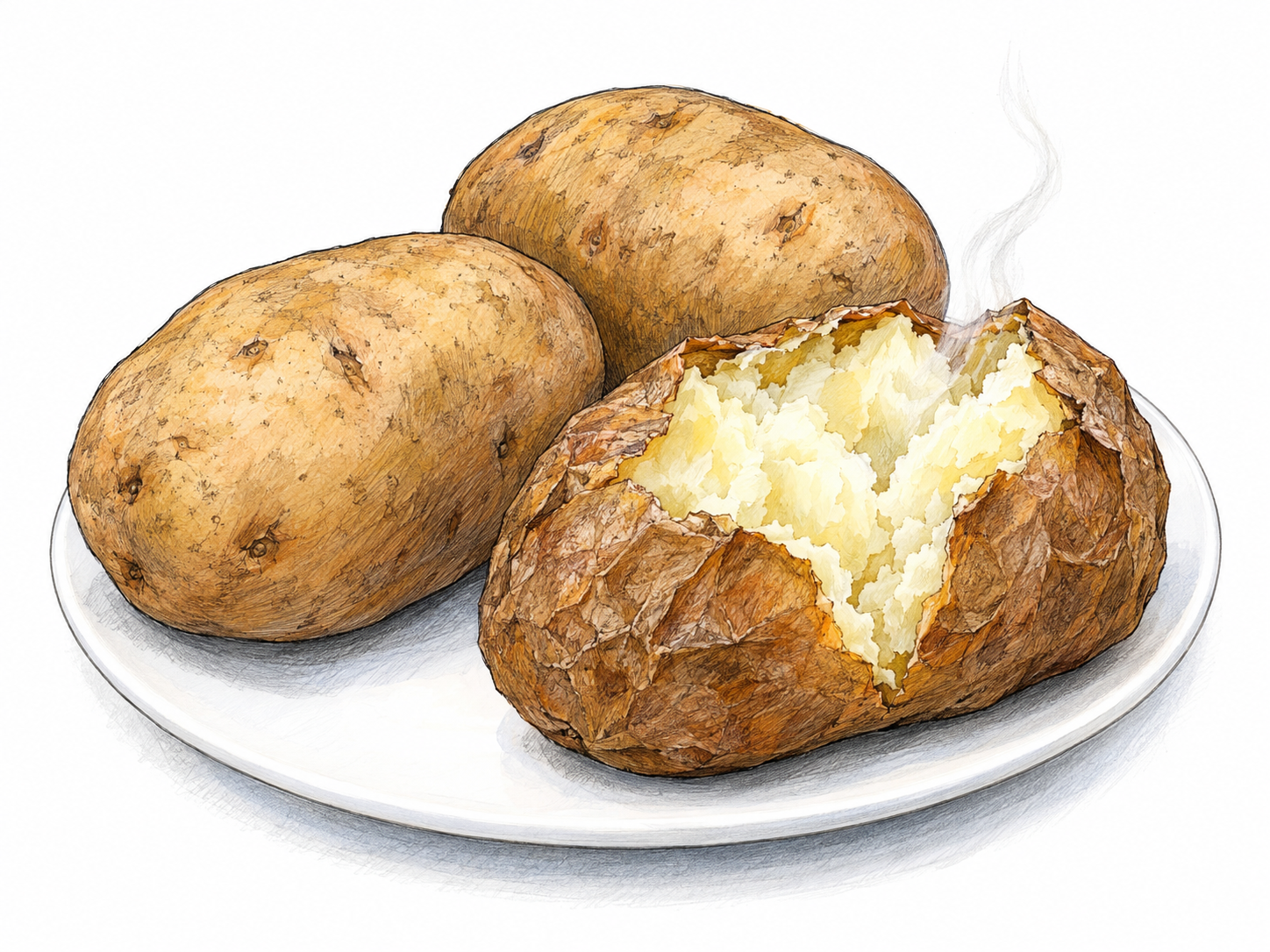 A close, simple still life of two whole brown-skinned potatoes beside a split baked potato with fluffy pale flesh, making the vegetable and its cooked form immediately recognizable.