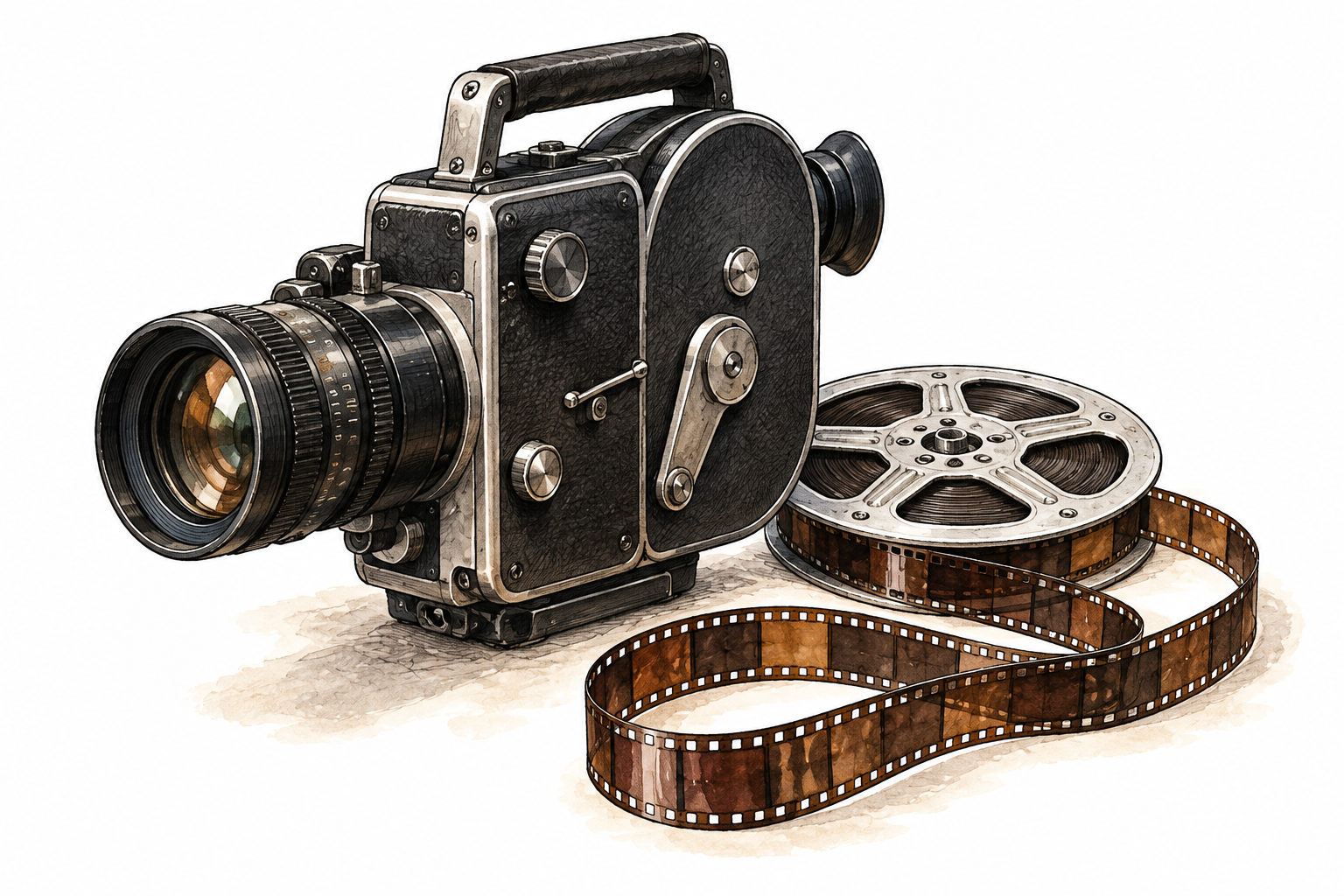 A compact motion-picture film camera with a strip of perforated film and a small reel, recognizable filmmaking equipment, no logos or writing.