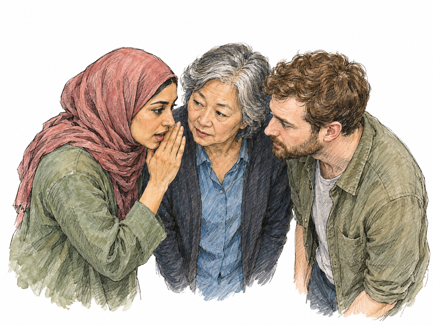 Three people form a compact inward-facing huddle, shoulders nearly touching and heads inclined together as one speaks quietly into the small shared space.
