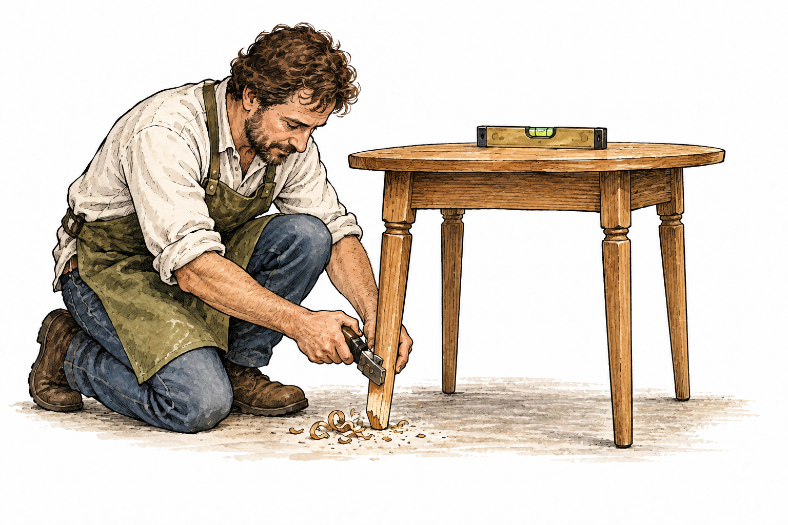 A white craftsperson shortens one leg of a small table slightly to make it level, partial change to the same object.