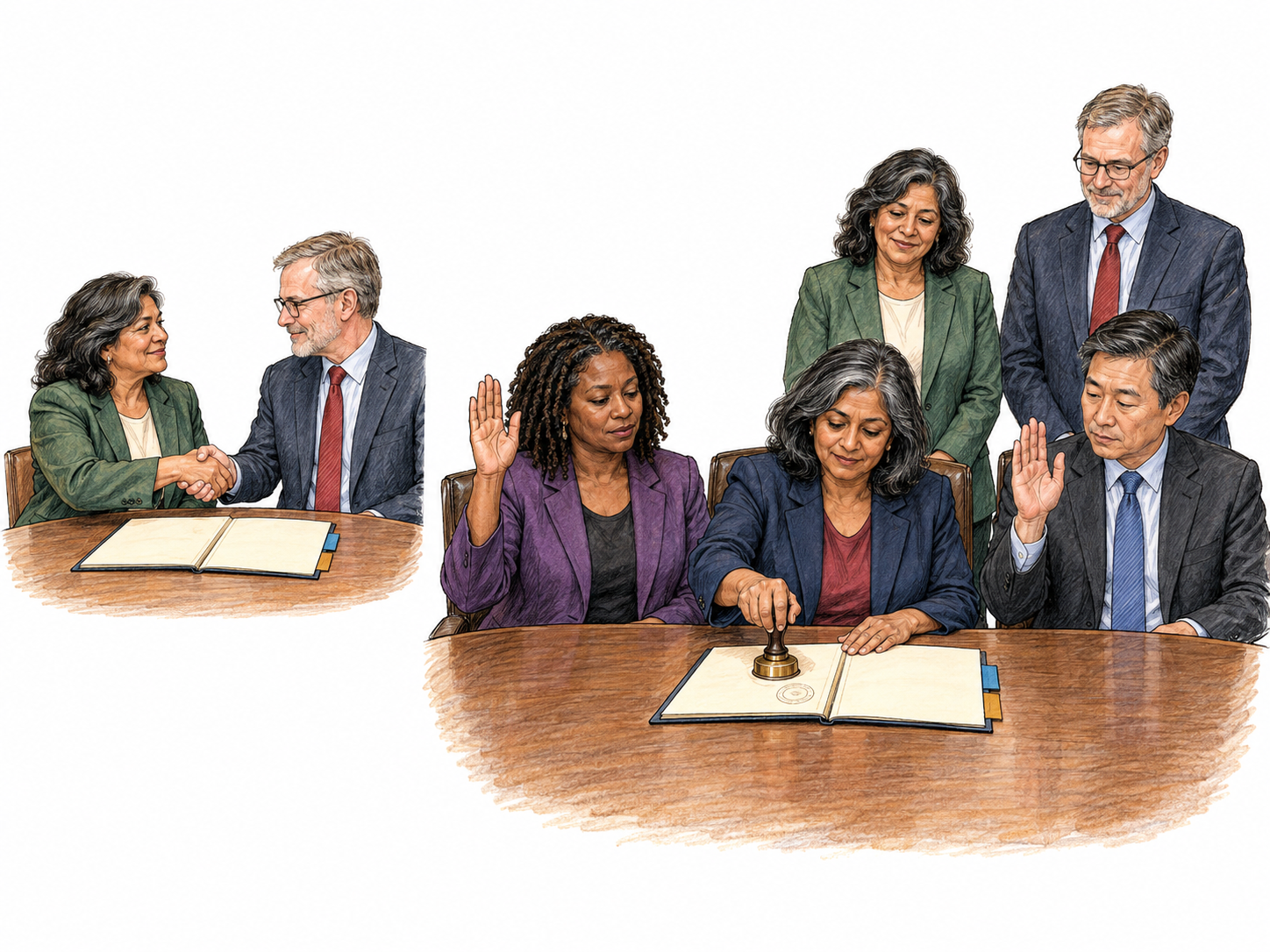 A compact two-stage sequence distinguishes reaching an agreement from the subsequent formal approval that makes it official: two representatives shake hands over an unsealed agreement, then a council approves that same document while its chair applies an embossed seal.