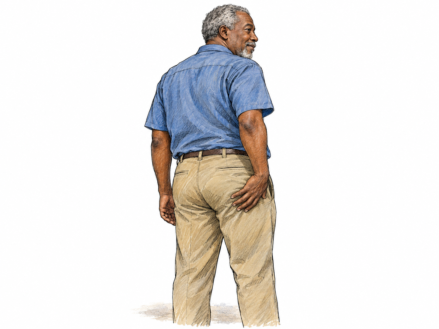 An older Black man seen in a rear three-quarter view rests one hand on his fully clothed buttocks, making the informal anatomical meaning clear without nudity or sexual emphasis.