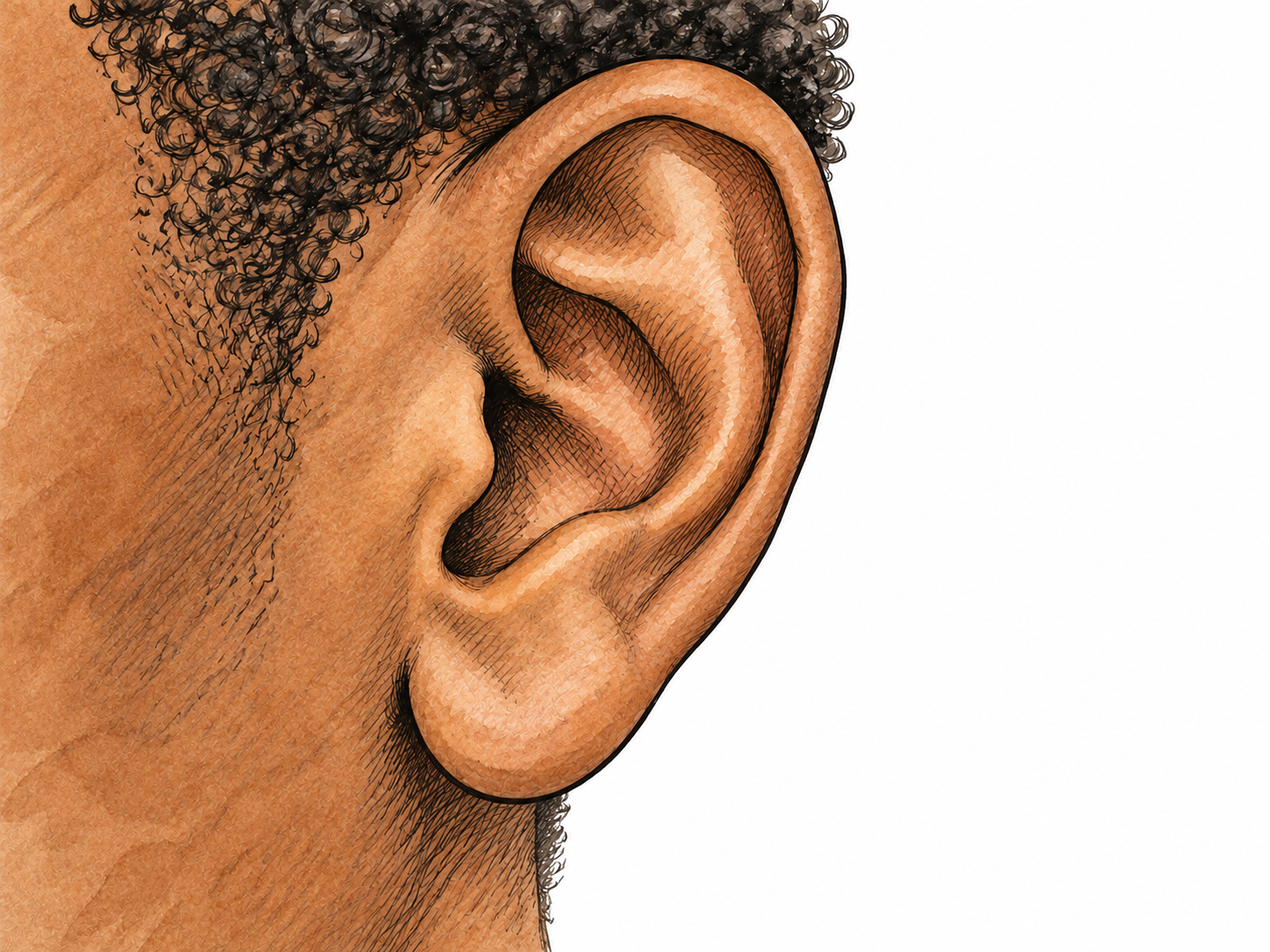 A close side view of a human outer ear attached naturally to the head, clearly showing helix, concha and lobe with realistic ink contours.