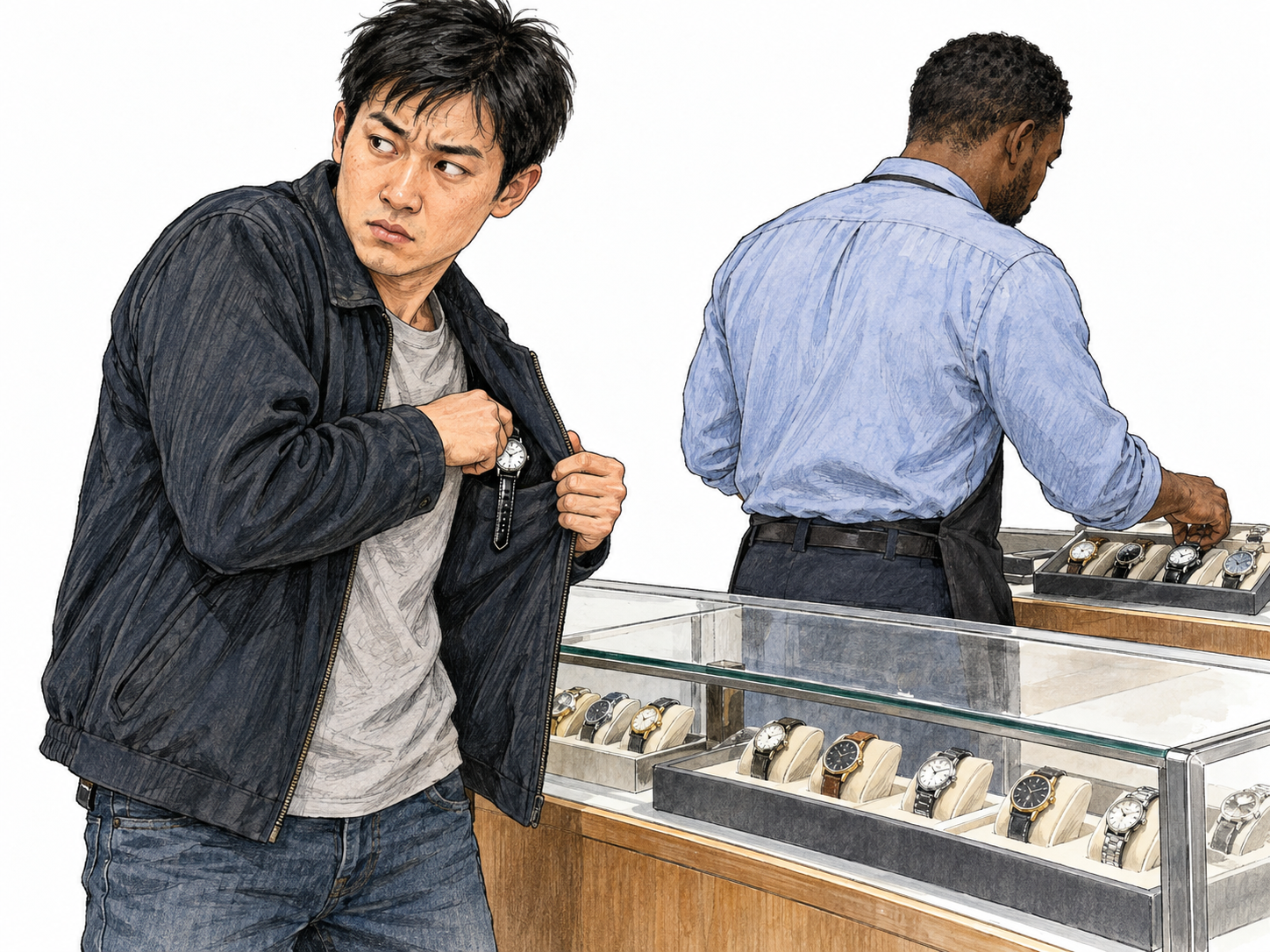 A man furtively slips a wristwatch from an open jewelry display into his jacket, keeping his hand hidden close to his body while looking anxiously over his shoulder at the shop attendant facing away.