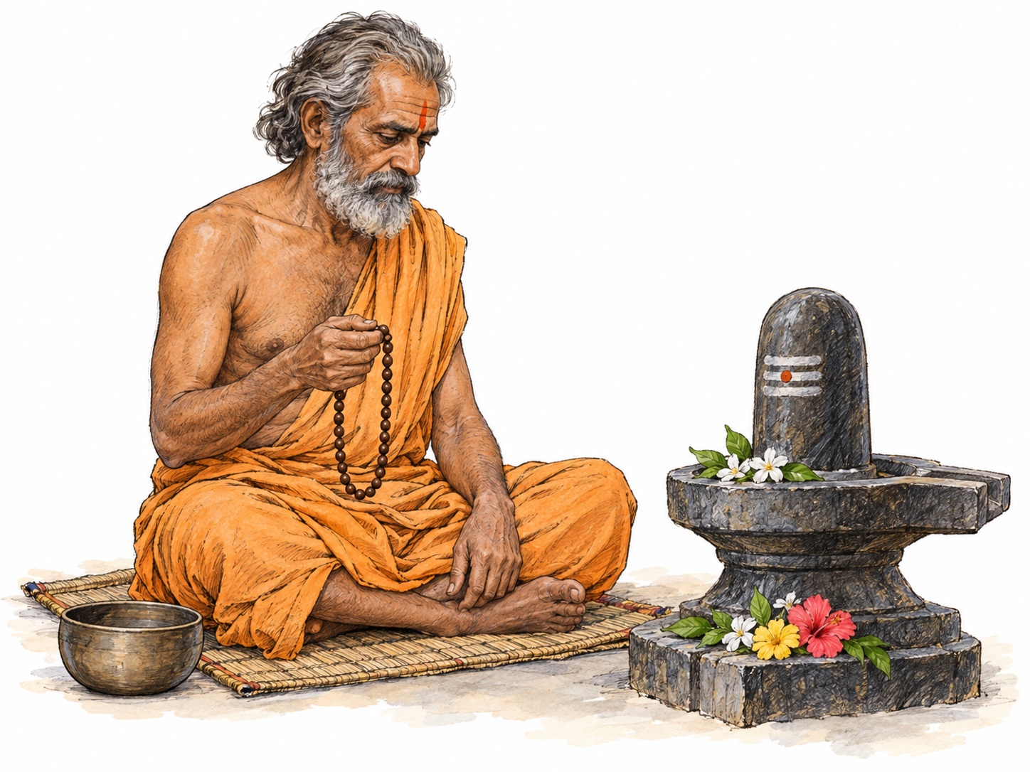 A Hindu ascetic sits in devotional meditation beside a small stone Shiva lingam shrine, wearing a plain, worn ochre wrap, with prayer beads and an empty alms bowl.