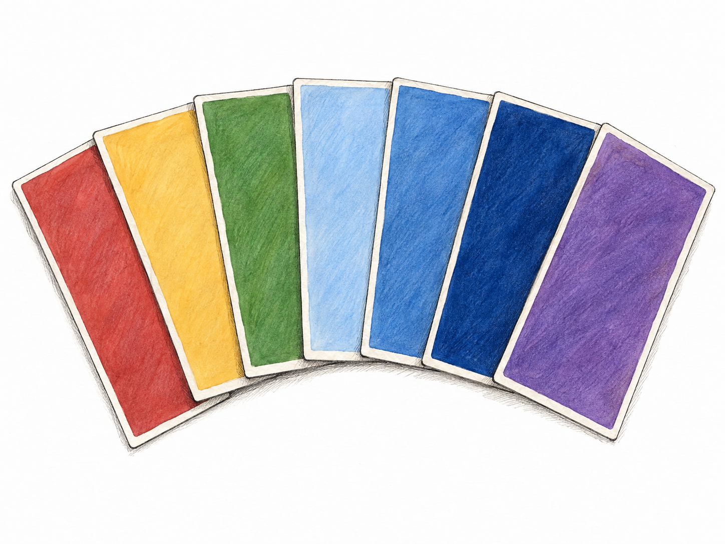 A fan of unmarked paint-color sample cards displays clearly distinct colors, with neighboring blue samples showing lighter and darker shades.