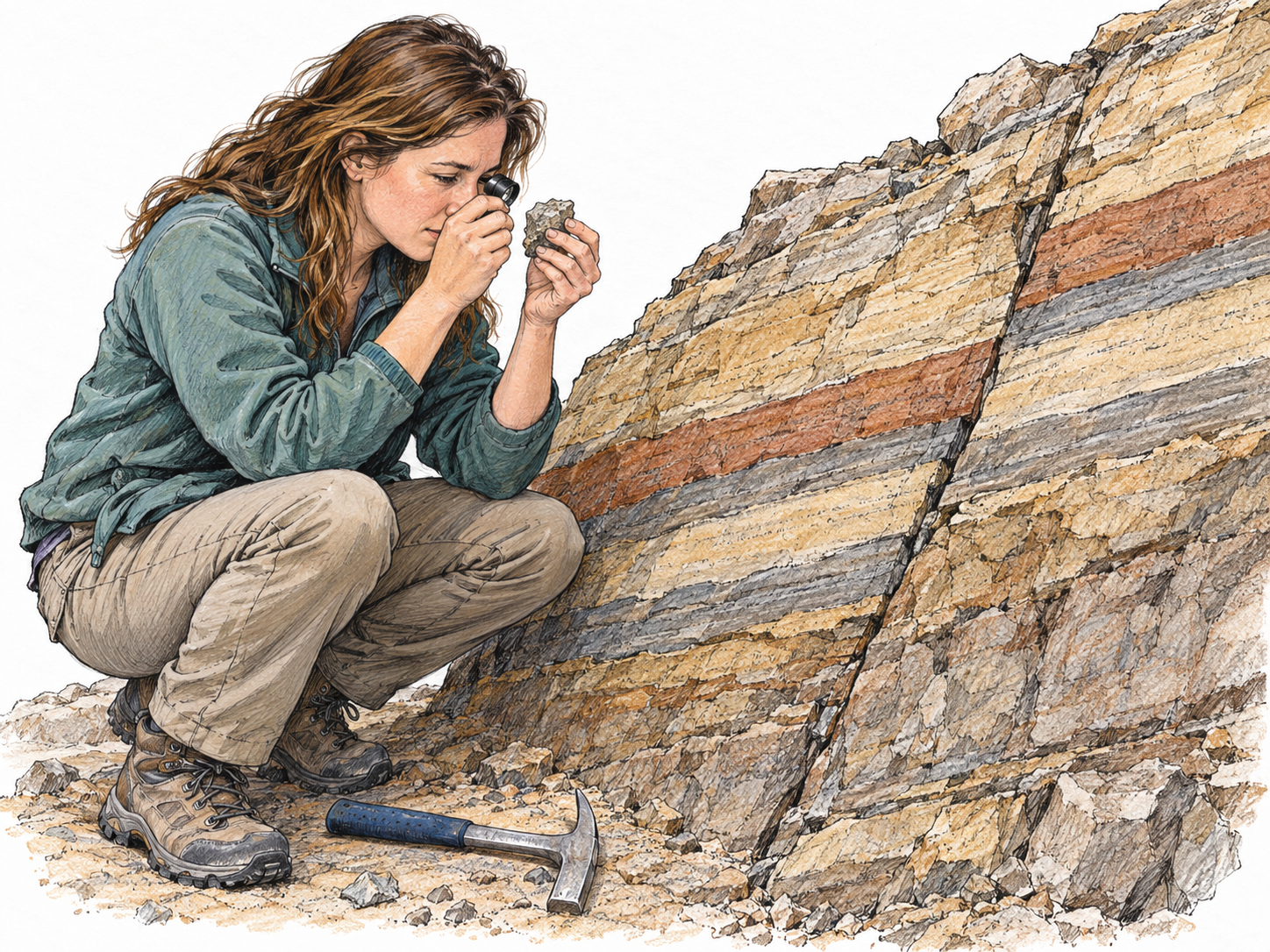 A field geologist examines a rock sample with a hand lens beside an exposed outcrop whose tilted layers and visible fault reveal Earth's rock structure.