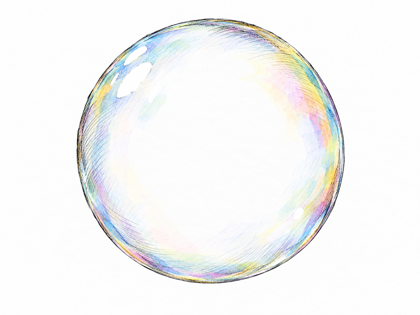 A single floating soap bubble, its delicate spherical liquid film defined by a fine curved rim, restrained rainbow glints, and small highlights around an airy transparent center.