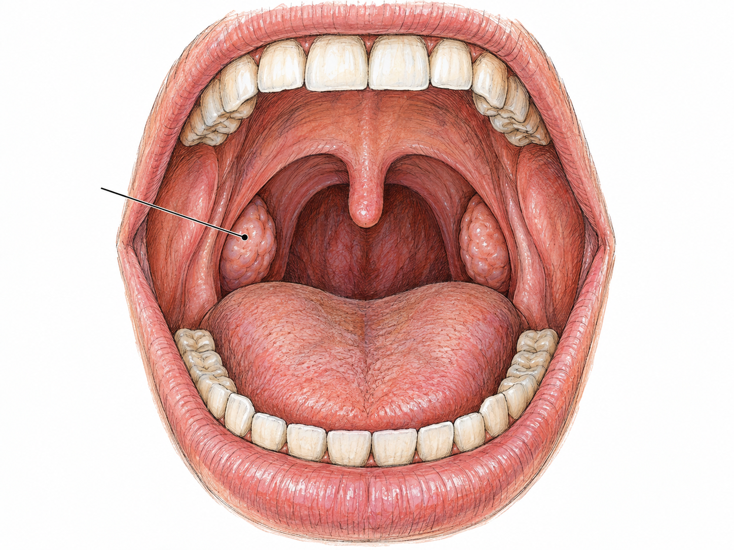 An isolated anatomical view into an open mouth shows the two palatine tonsils on either side of the throat.