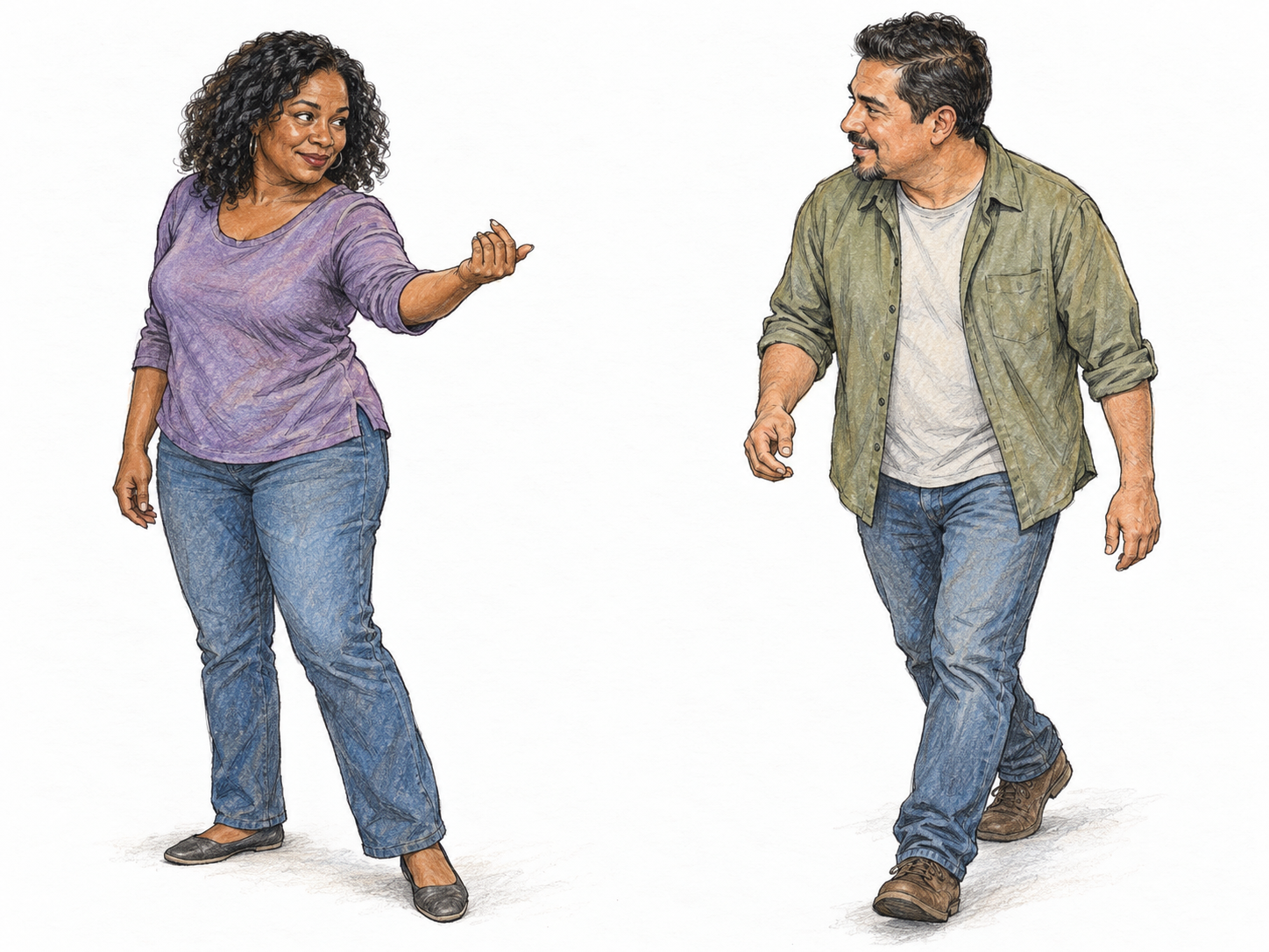A woman summons a nearby man with a clear inward-curling hand gesture; he notices and turns toward her.