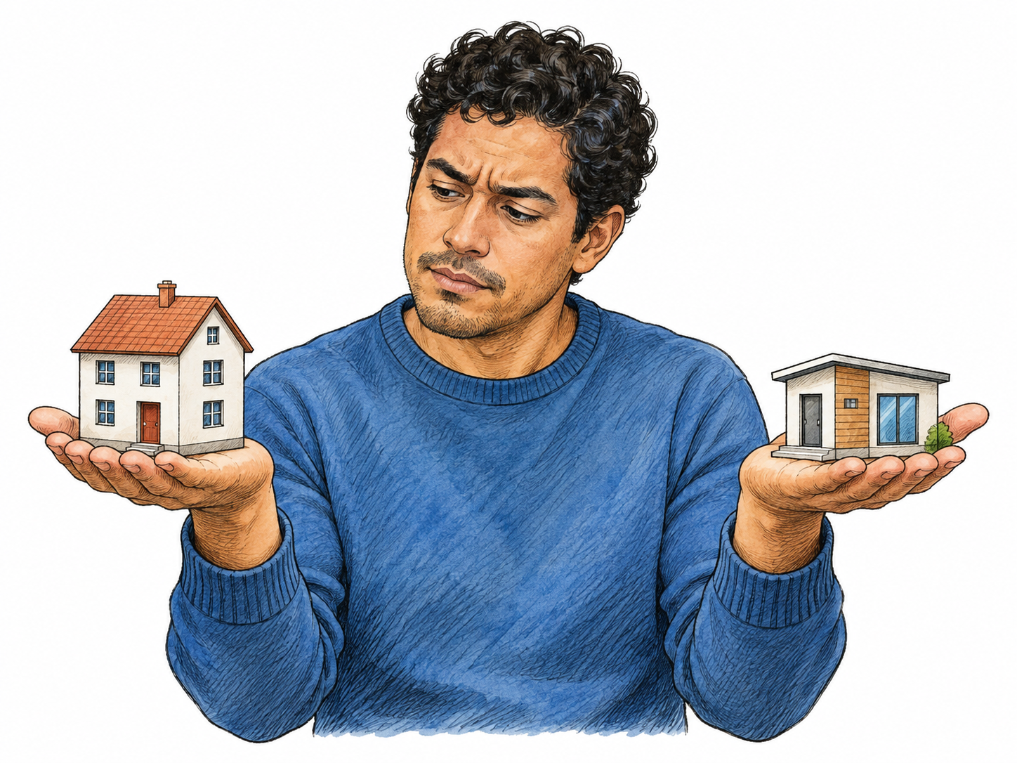 Man thoughtfully weighs two simple house models in open hands, brows focused before deciding; no thought words, blank white ground.