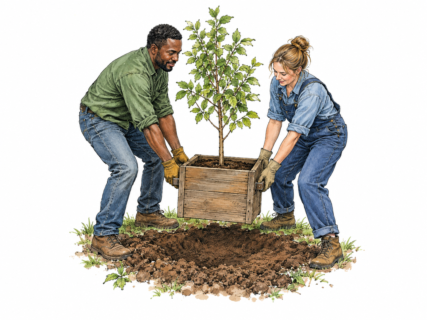 Two modern neighbors carry one large potted sapling together, each holding opposite handle of same wooden planter, coordinating its placement in a prepared ground patch.