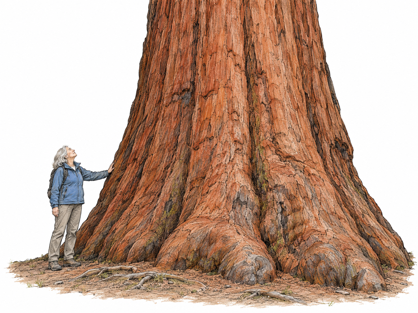 A gargantuan giant sequoia trunk dwarfs an older woman standing immediately beside its base, making its extraordinary size clear through direct human scale.
