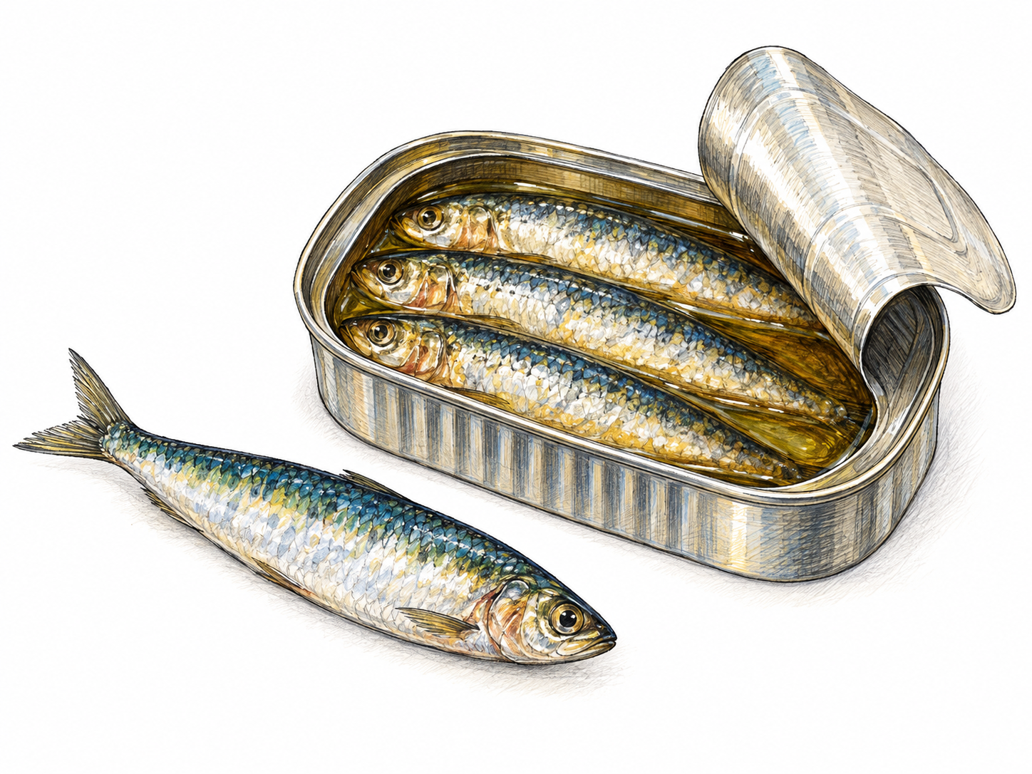 A small whole silver-blue sardine beside an open, unmarked tin containing neatly packed sardines in oil, making both the fish and its common preserved form clear.