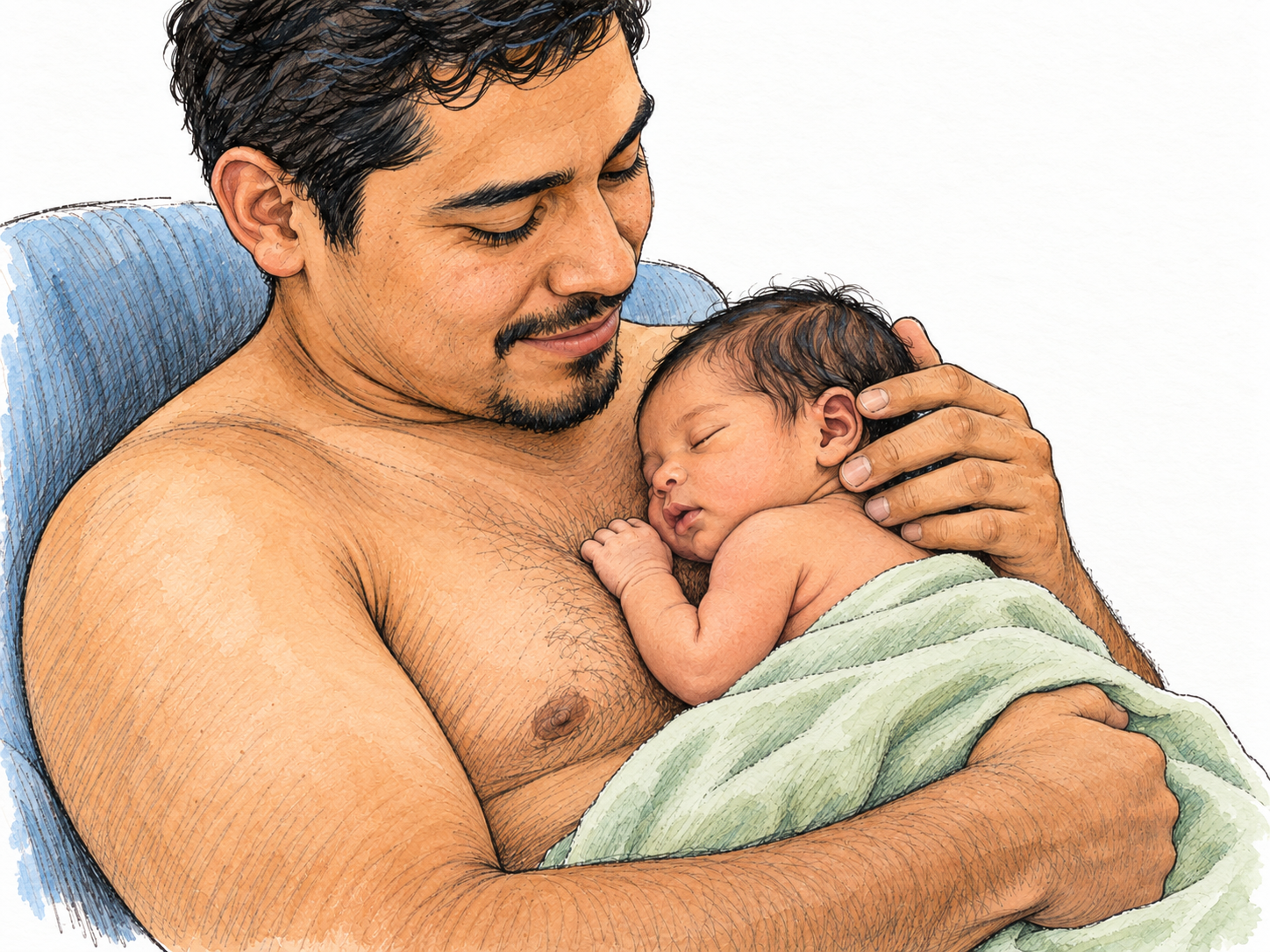 A father tenderly cradles his newborn against his bare chest, making fatherhood visible through an intimate parent–infant bond.