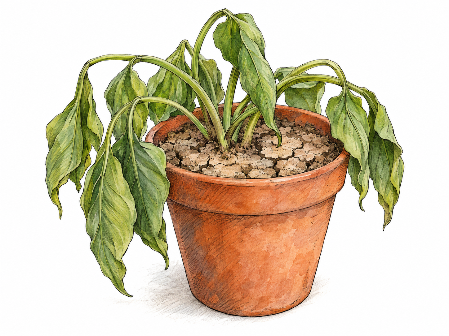A living potted plant wilting from dryness: soft green stems sag over the pot rim, leaves hang limply downward, and the exposed soil is dry and cracked.