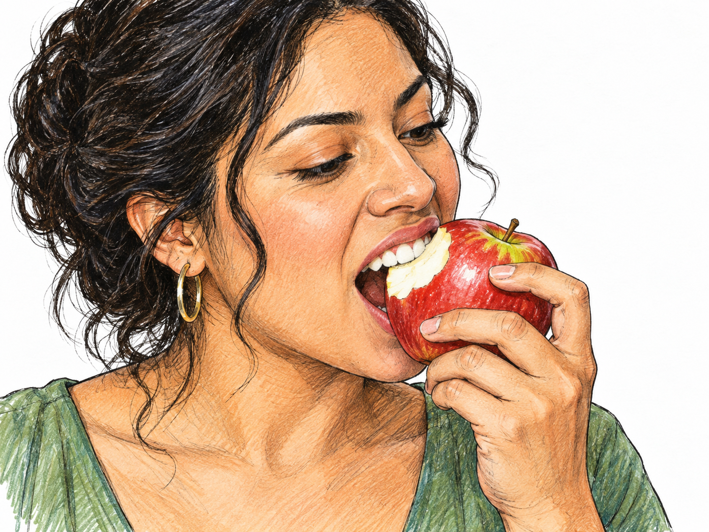 A woman bites into a crisp apple, teeth making a clean crescent indentation and fingers holding the fruit naturally; focus on the cutting action of teeth.