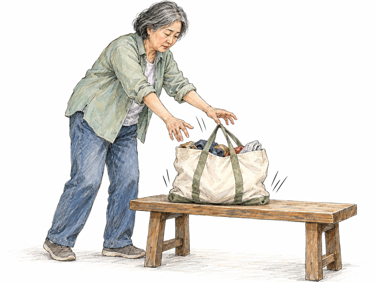 An older East Asian woman abruptly plops a bulging canvas tote onto a low wooden bench; its soft base spreads against the seat as her hands release the handles.