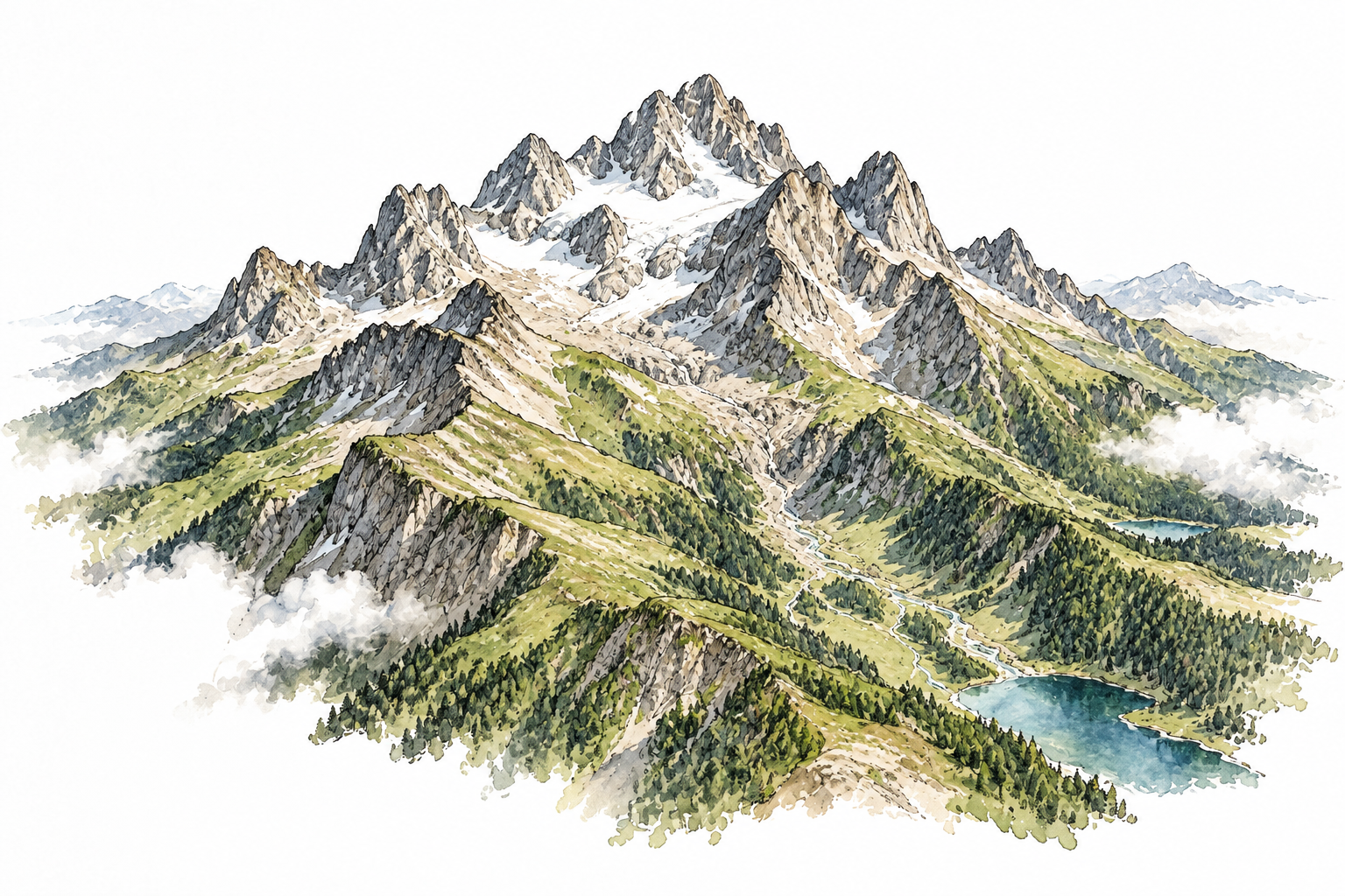 A compact connected group of rugged mountain summits rising from one broad mountain mass, aerial landscape.