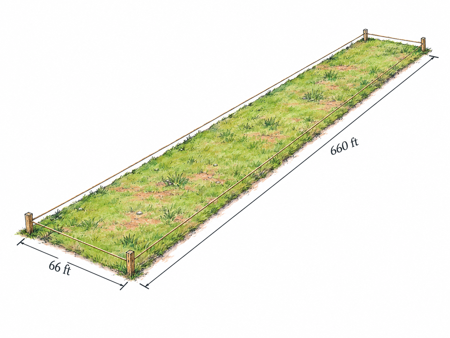A single rectangular grassy land parcel marked by four corner stakes and taut boundary cord, with short functional dimension labels of 66 ft and 660 ft establishing exactly one acre.
