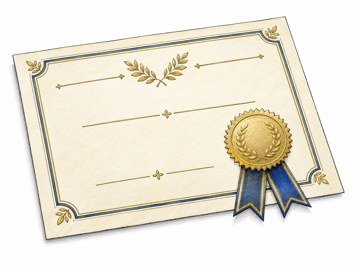 A cream certificate-shaped document bears a seal and ribbon, with blank writing rules.