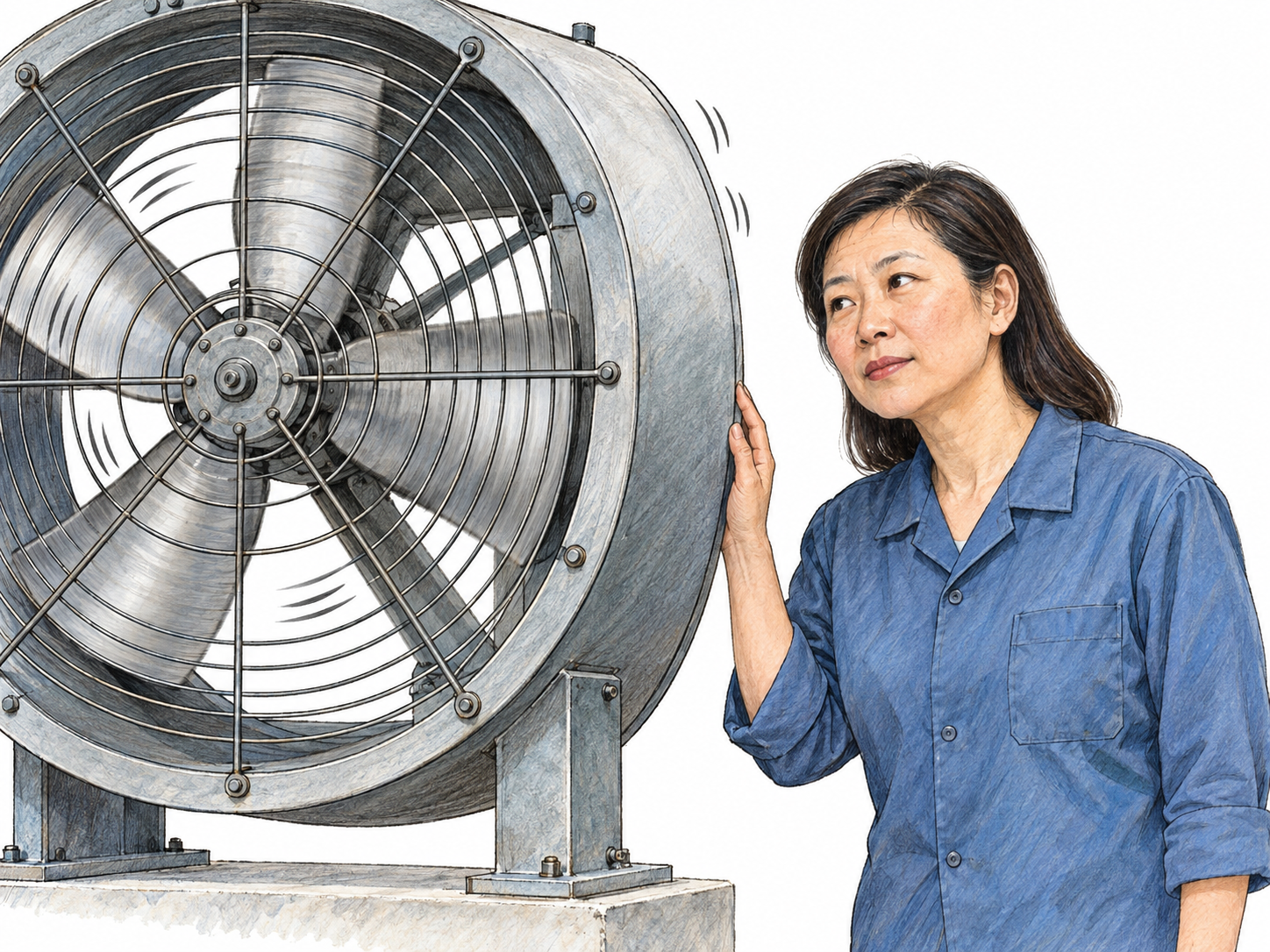 A large running ventilation fan thrums: broad rotating blades and a subtly vibrating housing are paired with a nearby listener who both hears and feels its steady vibration.