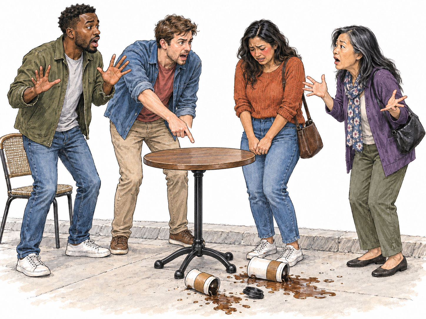A small public crowd makes an outsized, noisy fuss over a toppled café table: several people call out at once, pointing and throwing up their hands while an embarrassed patron stands beside the spilled drinks.
