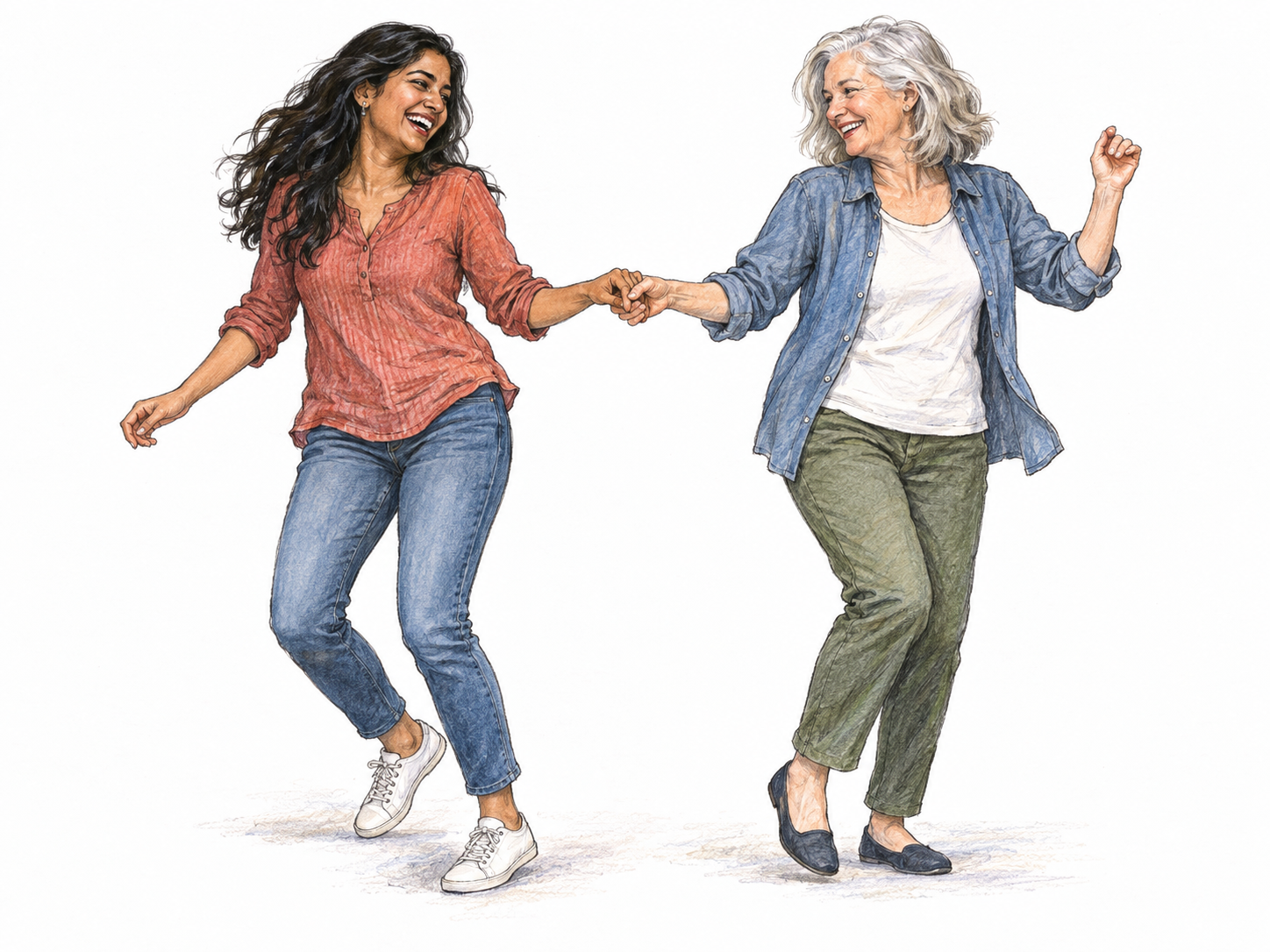 Two women share an easy, merry moment, laughing as they perform a playful little dance together.