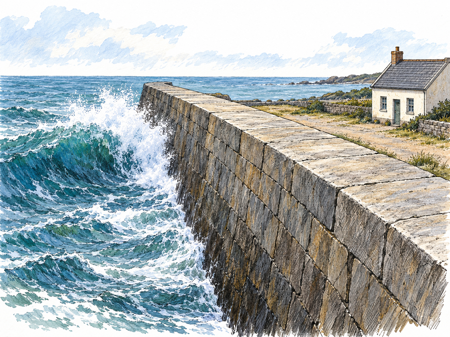 A massive stone seawall blocks a breaking wave, leaving the ground and small coastal house behind it dry and protected.