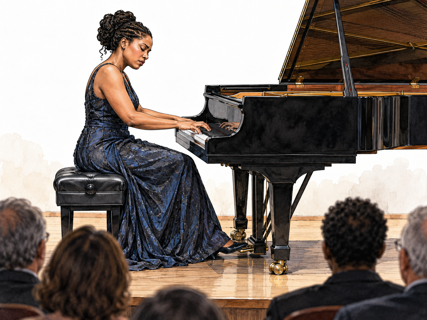 An adult Black female concert pianist performs confidently at a grand piano before an attentive small audience; the pianist is the unmistakable central master performer, hands naturally on keys and no musical notation.