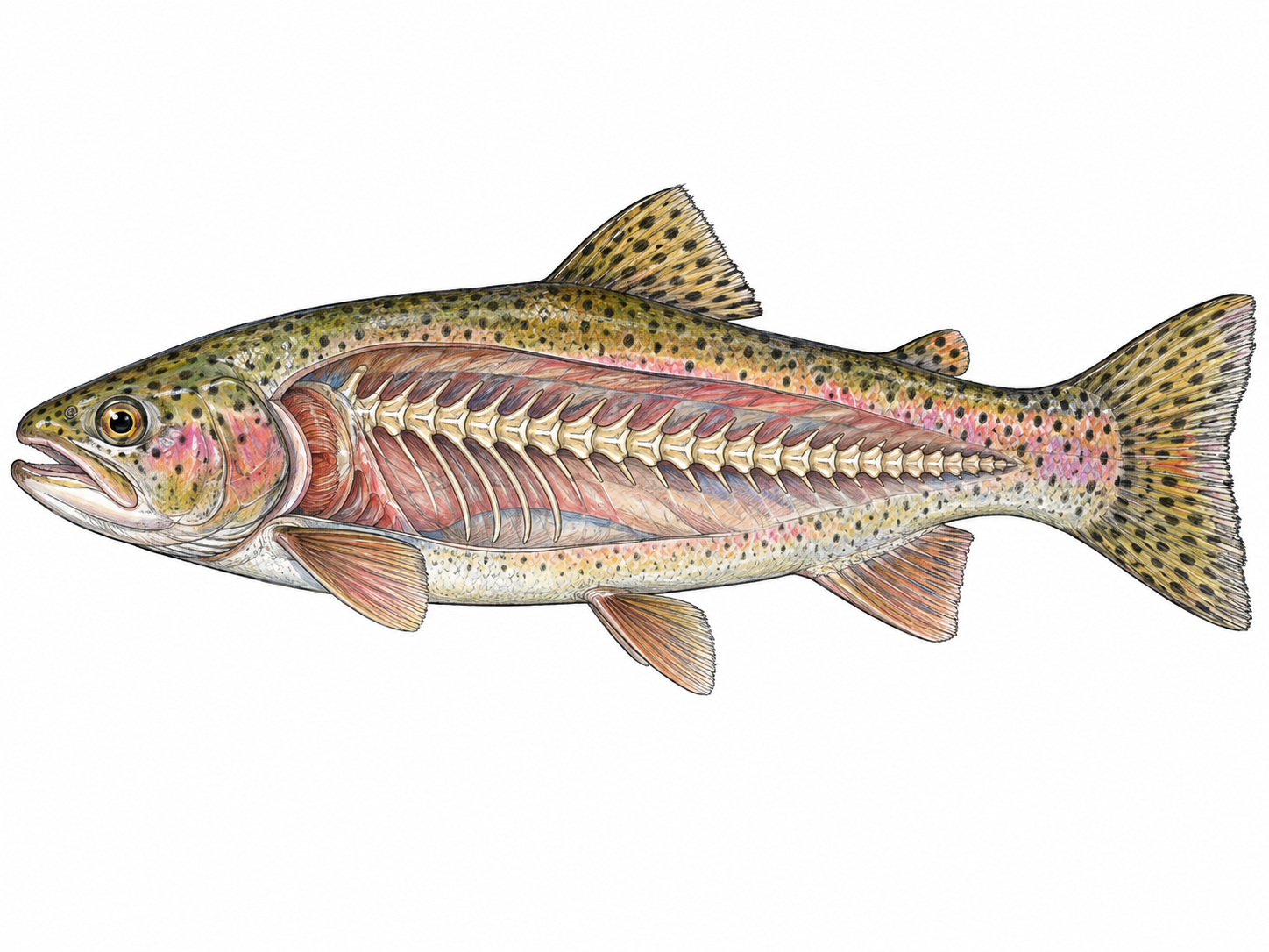 A recognizable fish in side view, with a selective translucent cutaway exposing its continuous jointed backbone from behind the skull into the tail.