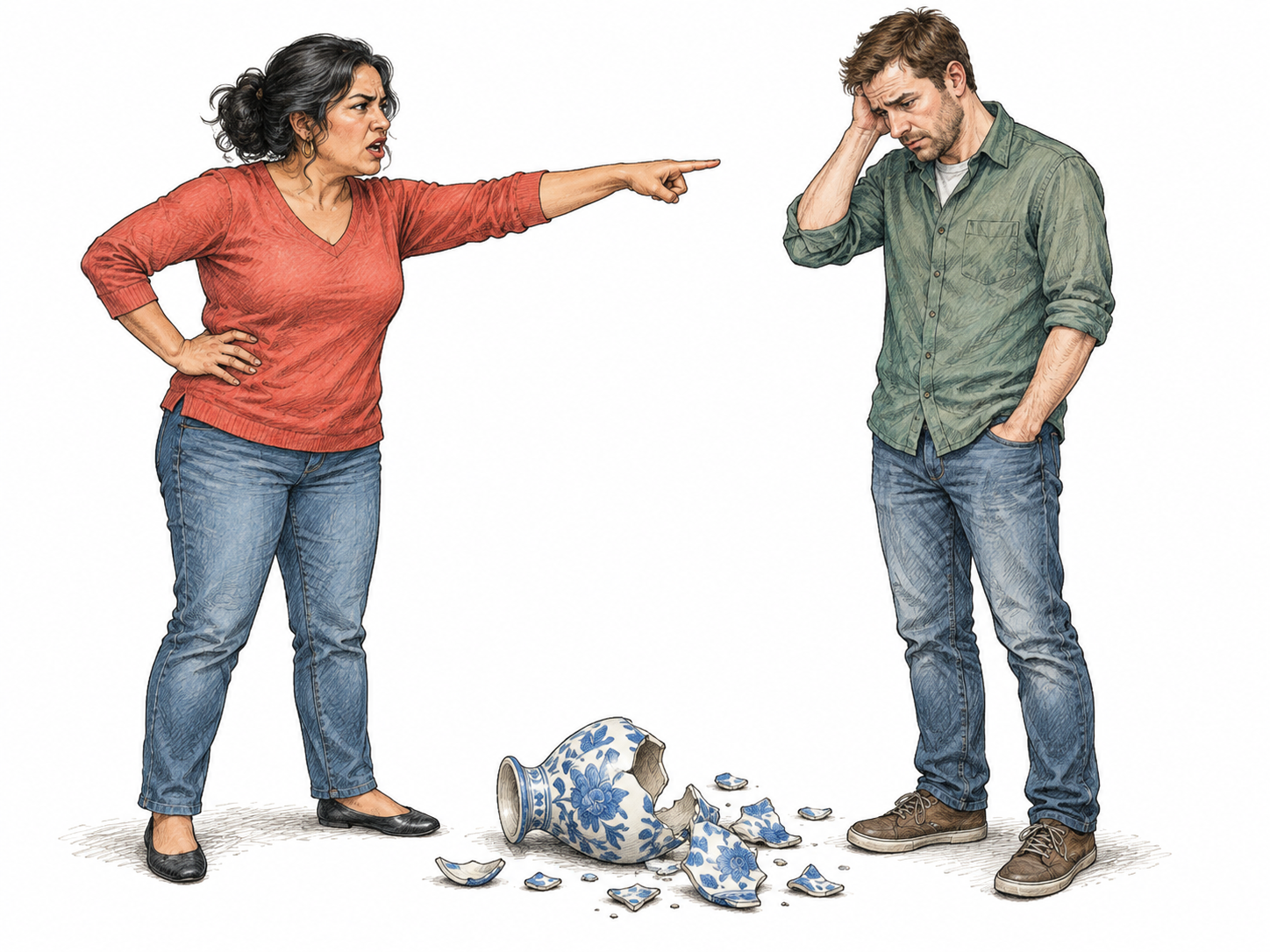 An adult points accusingly toward another person beside a broken vase, assigning responsibility for the mishap; exactly two adults, no written accusation.