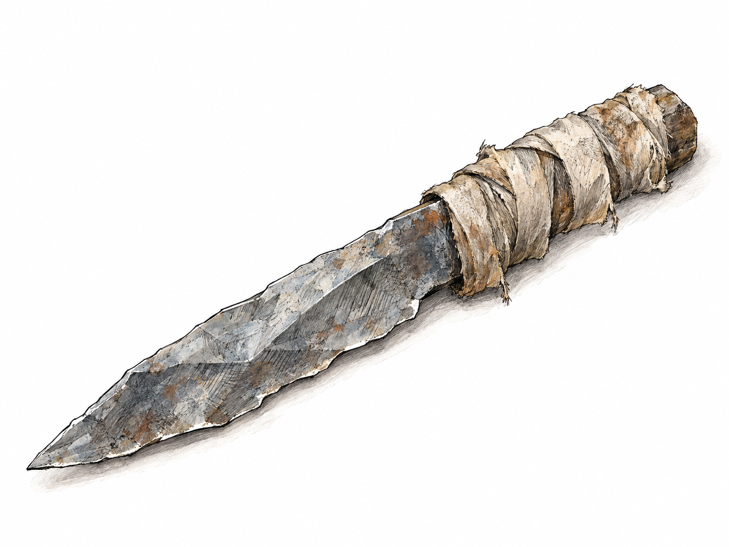 An isolated improvised knife: a rough, irregular metal blade with a pointed tip and a worn cloth-wrapped grip, clearly unlike a manufactured kitchen knife.