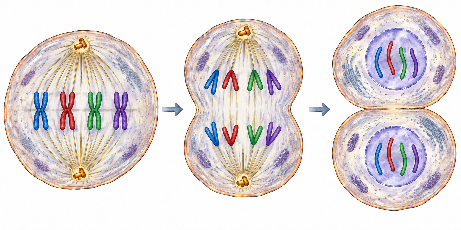 Scientific editorial ink diagram: one animal cell dividing into two identical daughter cells, three stages with matched colored chromosome sets, simple accurate metaphase-anaphase-telophase, no letters or labels.