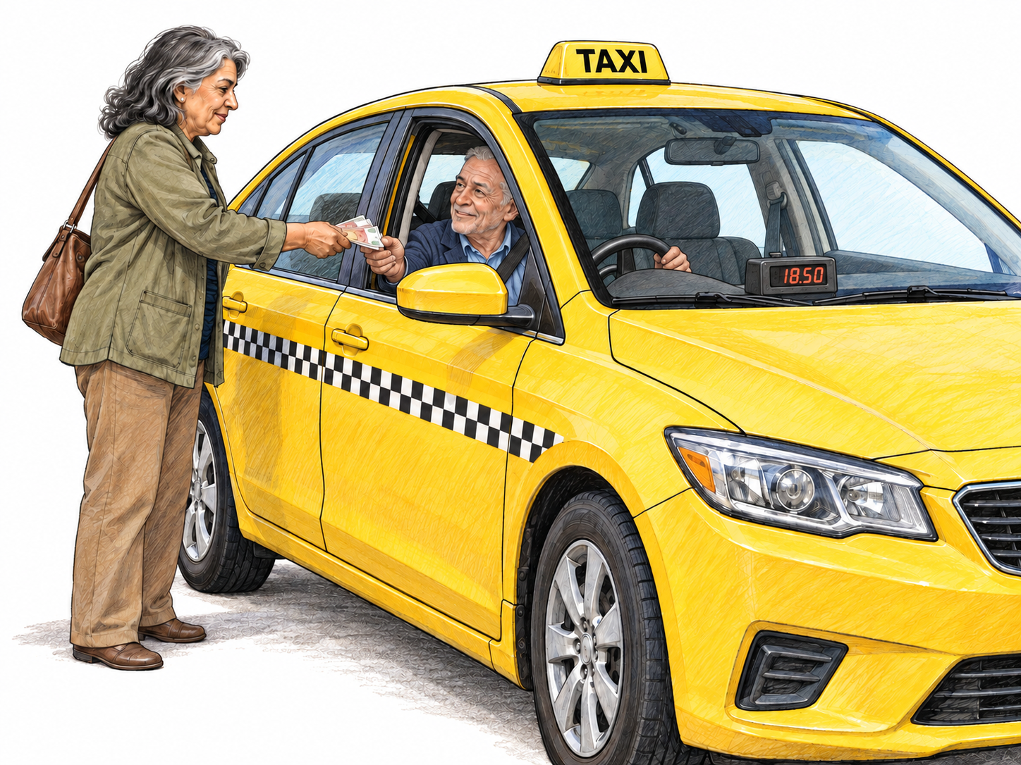 A recognizable yellow taxicab with its driver seated at the wheel and an older passenger paying through the open front passenger window; a visible fare meter reinforces paid transport.