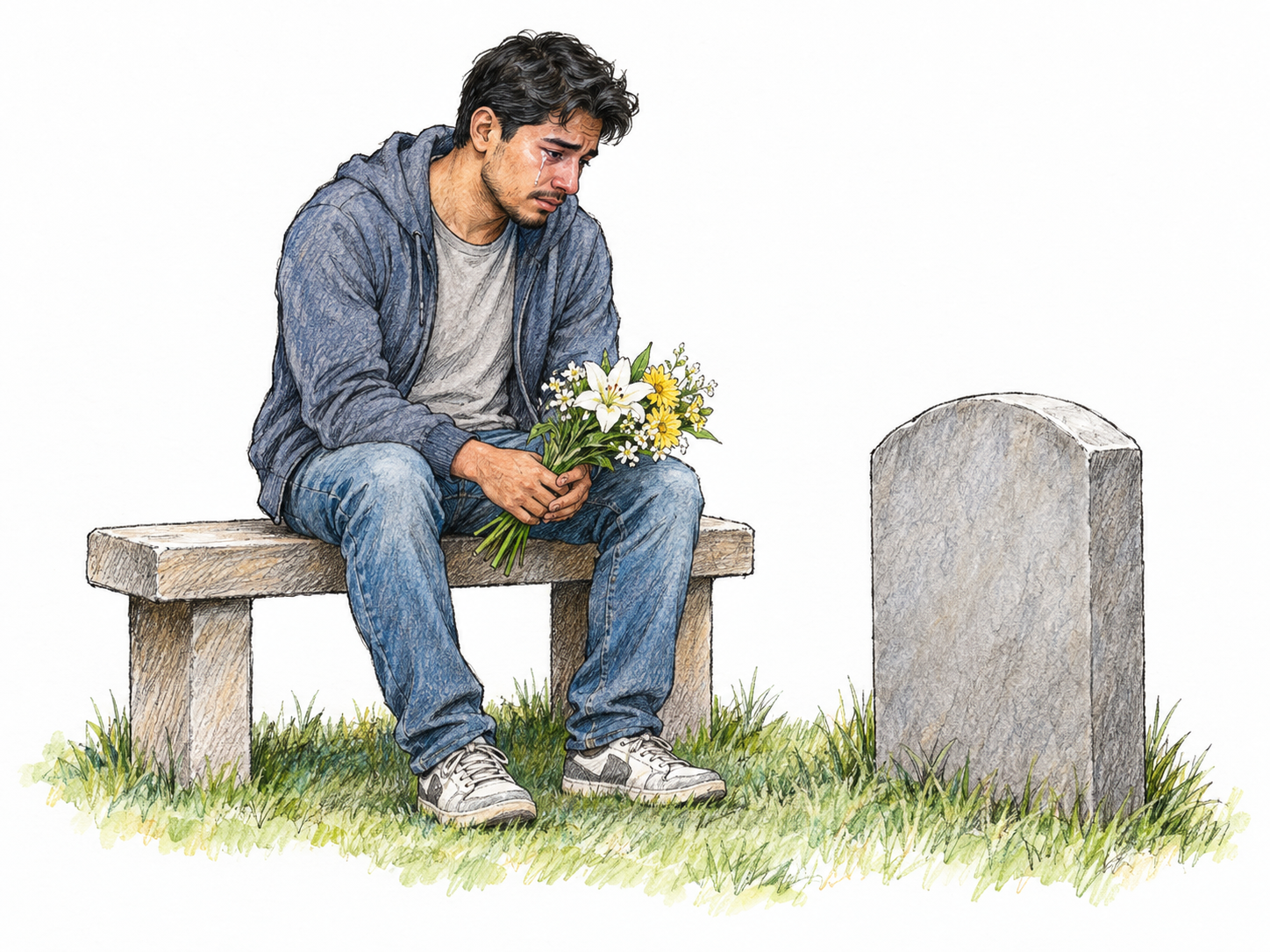 A young adult Latino man sits alone on a simple bench, shoulders slumped, eyes lowered and tearful, holding a small bouquet loosely in his lap.