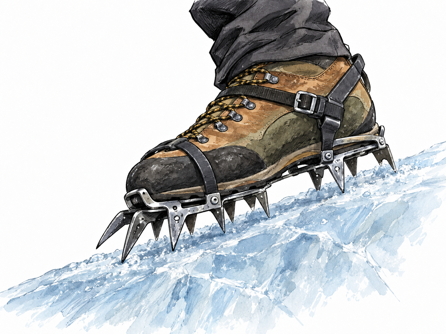 Metal crampon securely strapped beneath a mountaineering boot grips a patch of blue ice.