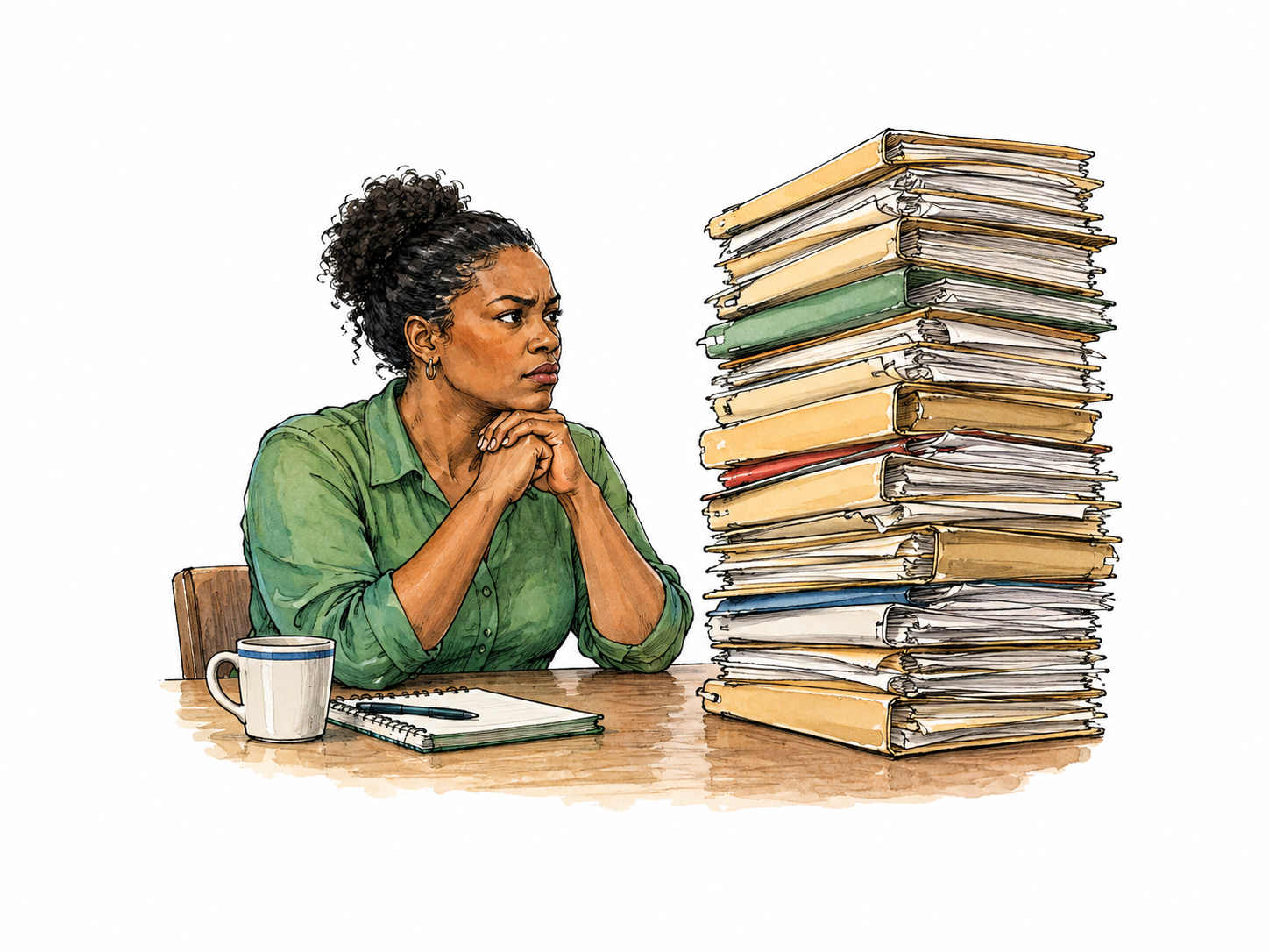 Woman directly faces a difficult towering stack of overdue work folders, squared shoulders and determined expression; no folder text.