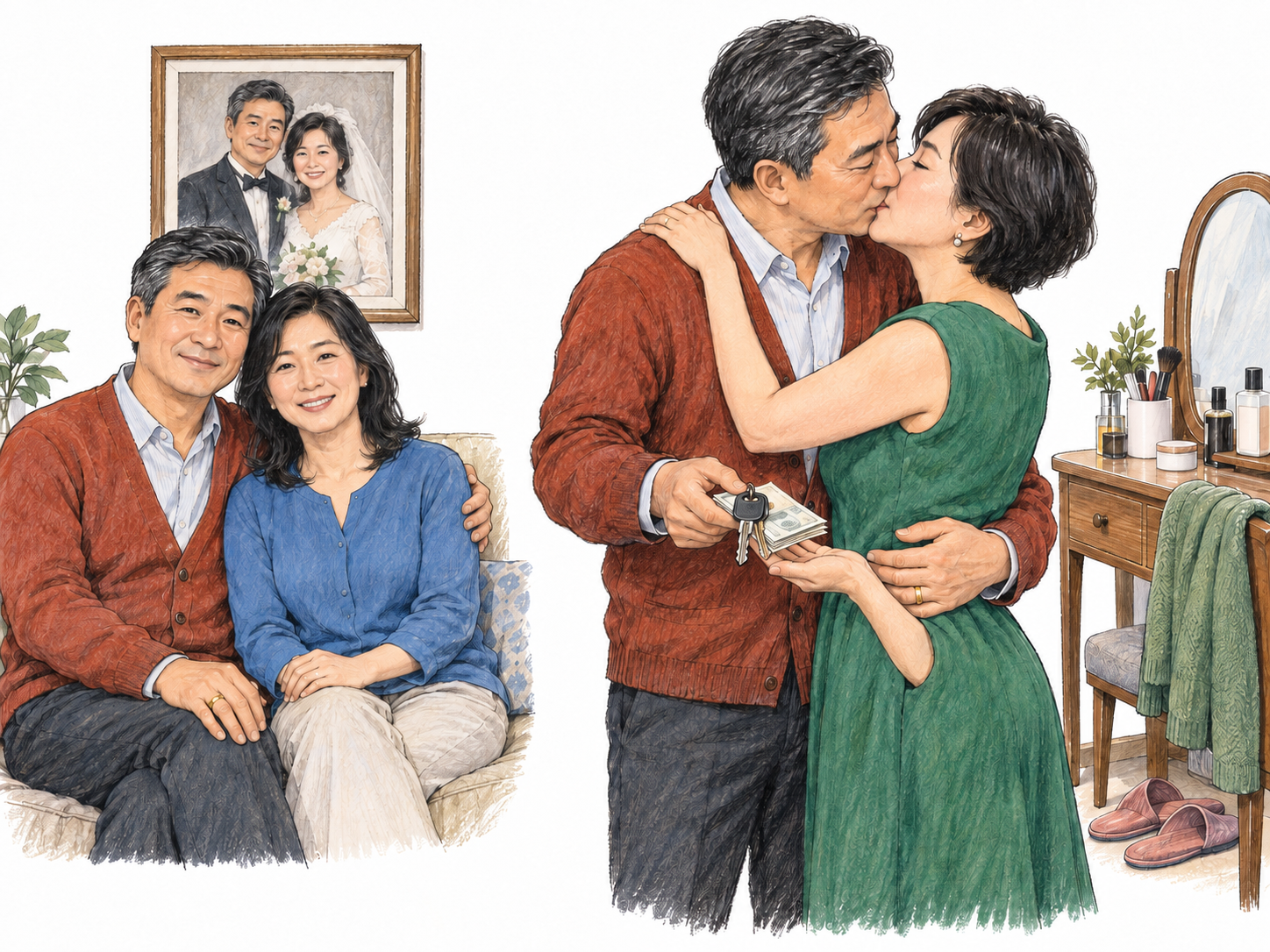 A compact parallel comparison shows a married man maintaining an intimate relationship with a second woman in a separate home, depicting the frozen sense: a woman kept as a secondary sexual partner by a man.