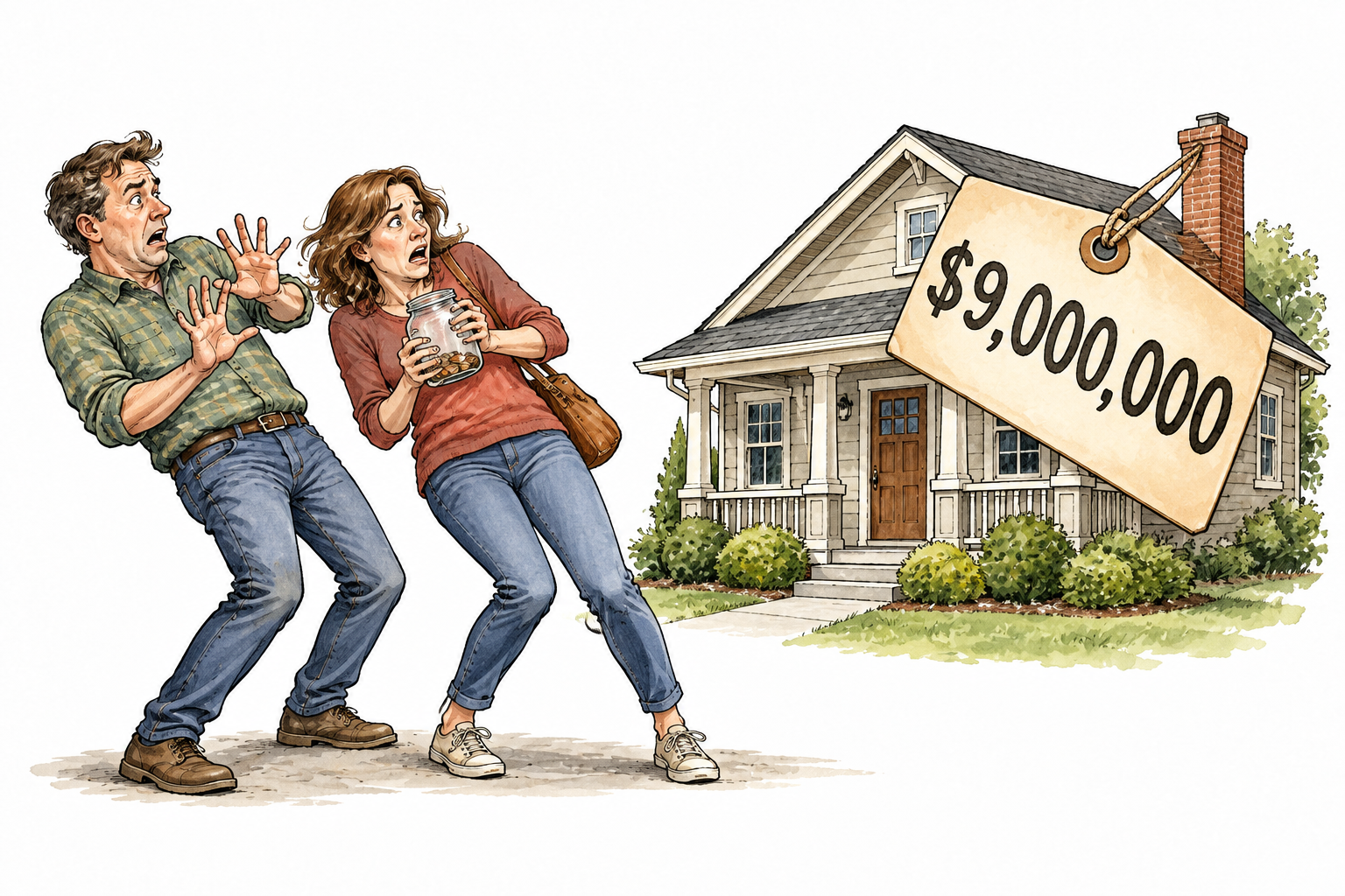 An adult couple recoil from a modest home's price tag '$9,000,000', their small savings jar makes purchase impossible.