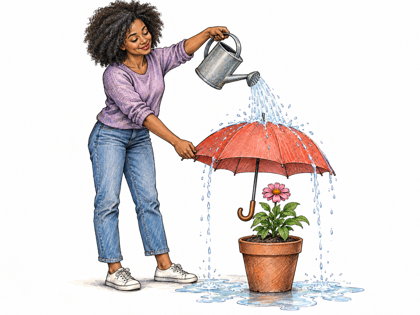 A silly person earnestly watering an open umbrella held over a flowerpot, so the water runs off the umbrella and entirely misses the dry soil.