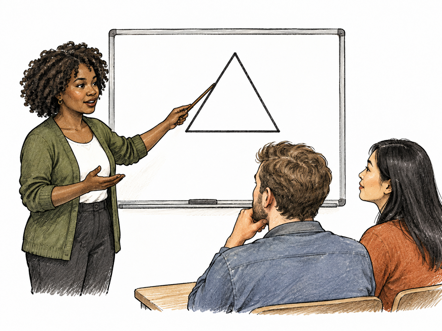 A Black woman teacher states what a triangle is while pointing to a single drawn three-sided triangle on a plain board, touching each side with a small pointer.