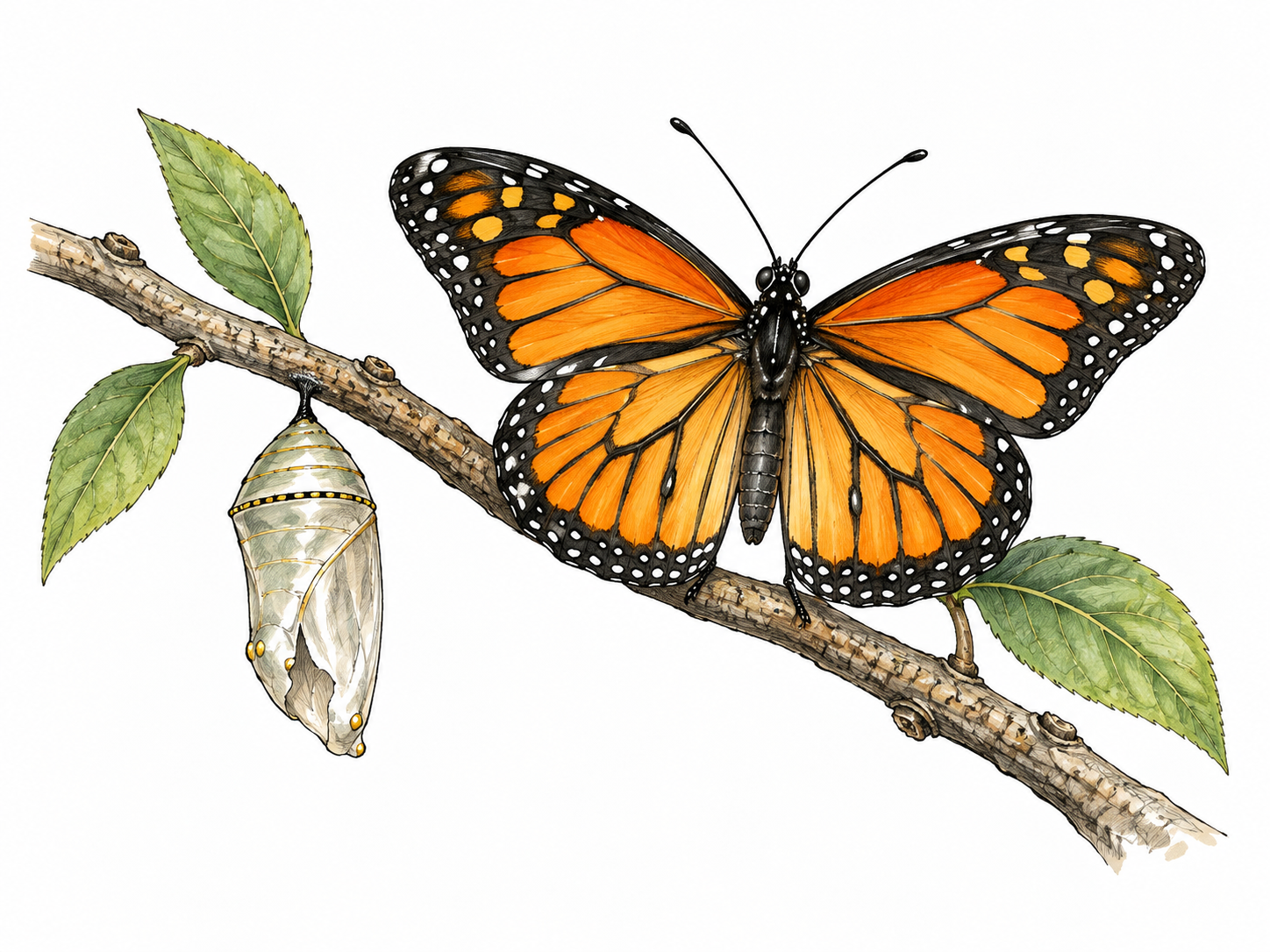 Fully developed butterfly with open wings perched beside its empty chrysalis on branch, clear adult stage of life, accurate six legs and two antennae, no words.