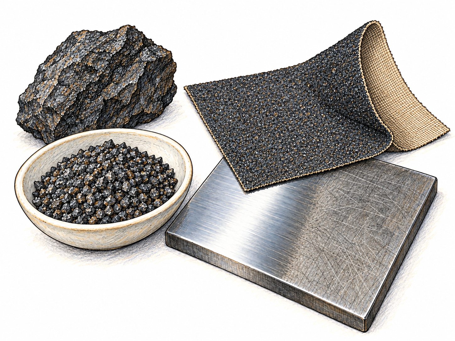 A close tabletop view of emery as a dark, granular mineral, with loose abrasive powder and an emery-coated cloth resting across a partly smoothed metal plate.