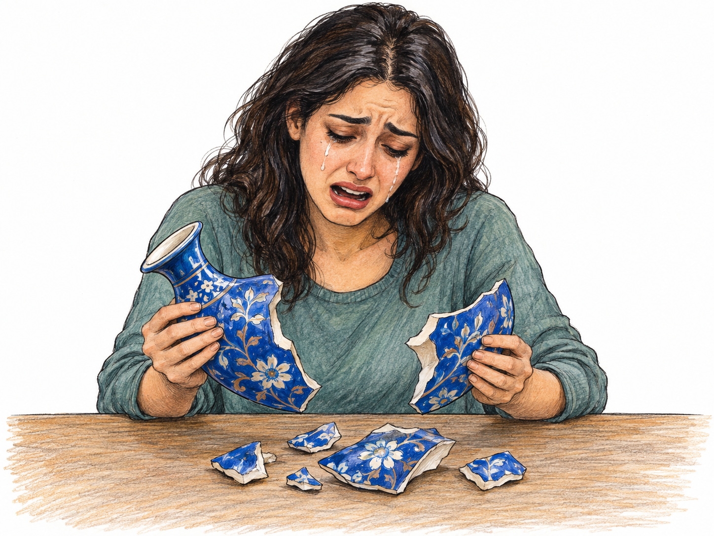 A woman visibly laments a shattered ceramic vase, holding two broken pieces above the remaining fragments with a tearful face and open mouth.
